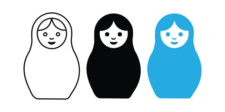 Matryoshka Doll Icon Set &ndash; Russian Nesting Dolls, Babushka Toy, Folk Art, Traditional Culture, Outline & Silhouette Vector Collection