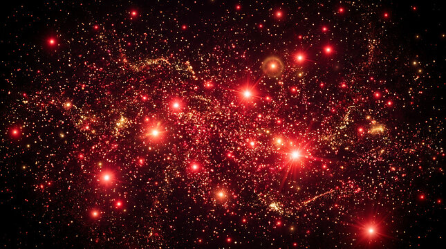 Dark space filled with abstract red glowing particles and stardust particles abstract background floating fireflies astronomy