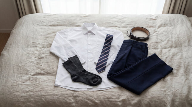 School uniform shirt tie trousers belt socks neatly arranged on bed near bright window showing morning preparation student wardrobe routine organized clothing for academic day clean neat routine