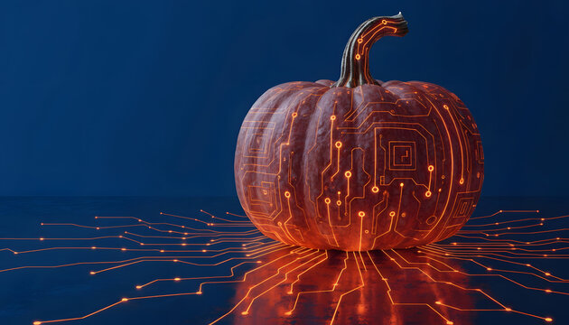 Futuristic pumpkin with glowing orange circuit board patterns on a dark blue background, digital halloween concept art, 3d rendered technology theme