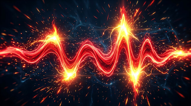 Glowing red abstract energy wave with sparks abstract electrical particles background technology frequency vibration
