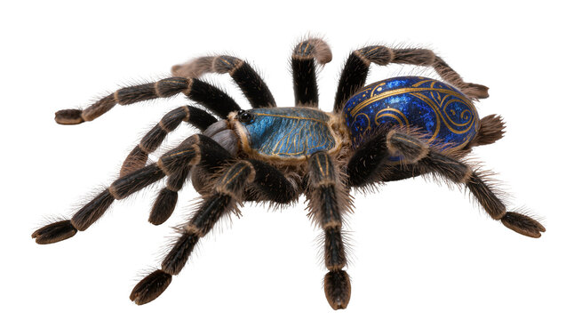 Blue and gold ornate tarantula spider with hairy legs