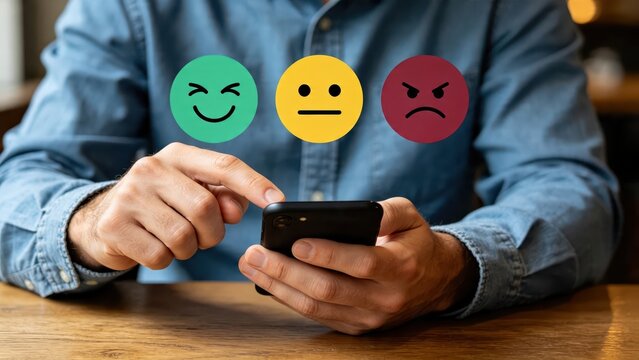 Customer satisfaction rating on mobile phone, feedback survey concept, positive and negative emotions, user experience review, service quality evaluation