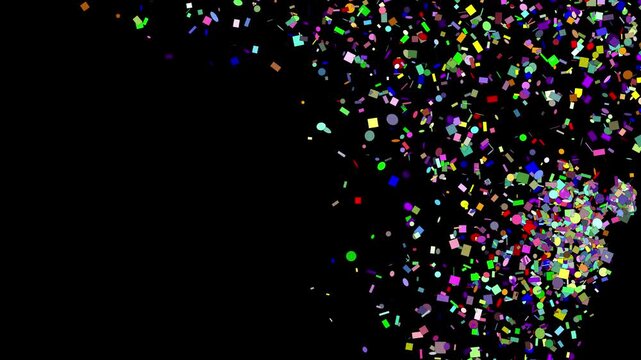 numerous bright multicolored confetti pieces and symbols exploding and spreading all around the screen set against a clean black background for high contrast
