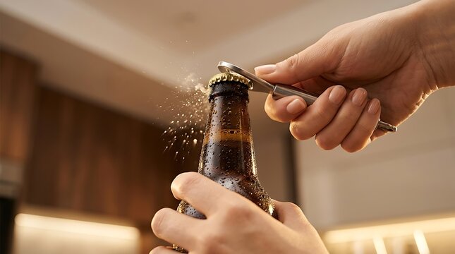Person opening a cold glass bottle of beer with a metal bottle opener, creating a splash of foam in a kitchen setting