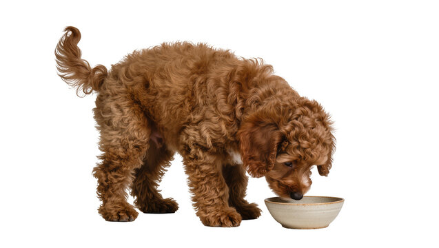 Fluffy brown poodle puppy eating from ceramic bowl