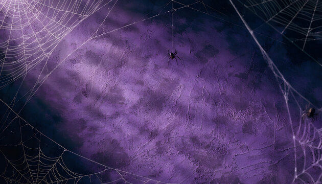 Spooky halloween background with spider webs and spiders on a textured dark purple wall