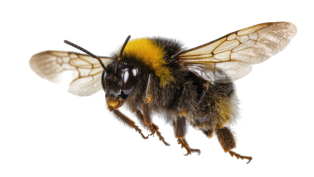 Fuzzy bumblebee with yellow and black stripes in flight