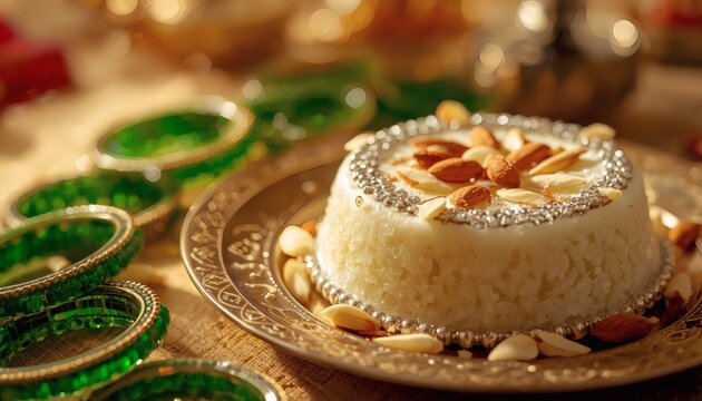 Traditional indian sweet kheer or rabdi dessert served on a brass plate with almonds and green bangles