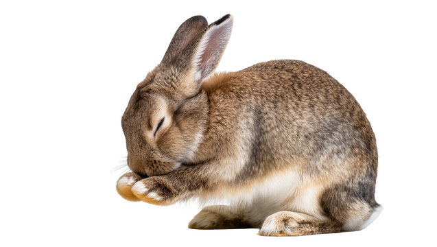 Brown rabbit cleaning its face with paws