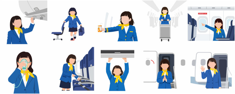 Flat illustration set of a professional flight attendant character performing various airline cabin crew duties and safety procedures.