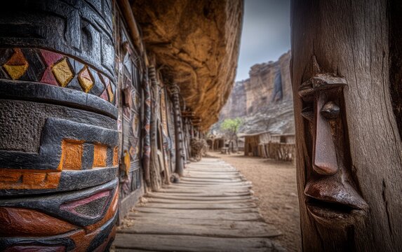 Malian Dogon Sigi Ceremony Pathway with Traditional Artwork and Carvings