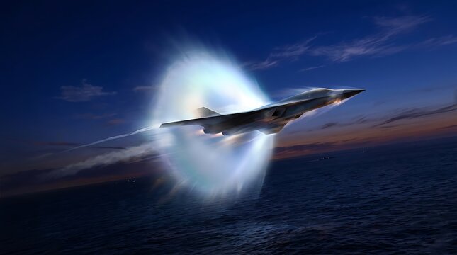 Modern stealth fighter jet flying at supersonic speed creating a vapor cone over the ocean at twilight