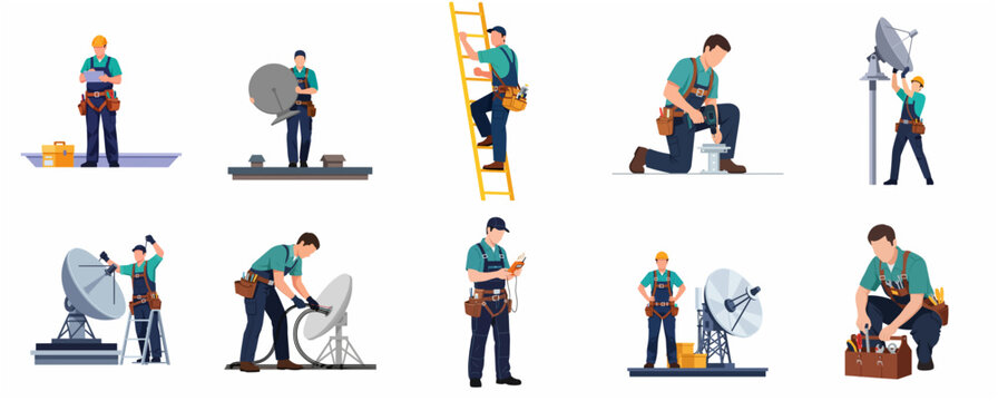 Telecommunication technician set installing and repairing satellite dish antennas