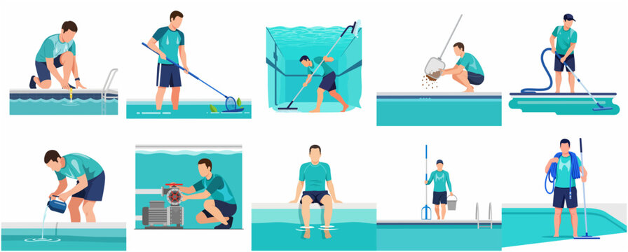 Swimming pool maintenance service illustration set featuring professional cleaner performing various tasks