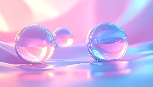 Esferas transparentes sobre superficie ondulada con reflejos en tonos rosa, azul y violeta en una composici&oacute;n abstracta futurista