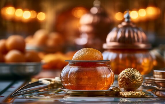 Traditional Indian Dessert in Gurdwara with Offering and Vibrant Background