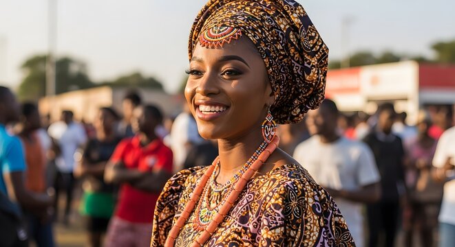 A beautiful Nigerian woman wearing traditional attire and jewelry at an outdoor event.