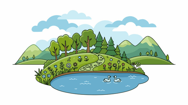 Cartoon nature scene with swans on a lake and rolling hills