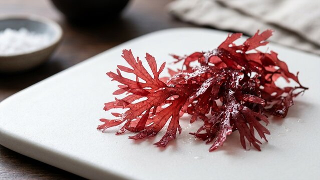 Fresh red seaweed dulse resting on white marble board in a minimalist kitchen setting