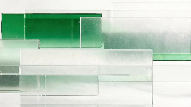 Abstract glass panel background with green and clear layered glass texture, minimal modern composition for SEO