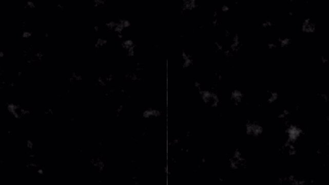 Noise, dirt, grain, dust and scratches on old damage film surface. Tv signal with bad interference, static noise background. Old film look on black background. 4K animation alpha channel