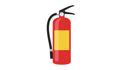 Obraz premium Industrial red fire extinguisher safety equipment with a yellow label and hose isolated on white background.