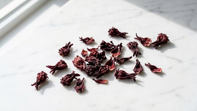 Dried hibiscus flower tea leaves scattered on a white marble surface in bright natural sunlight