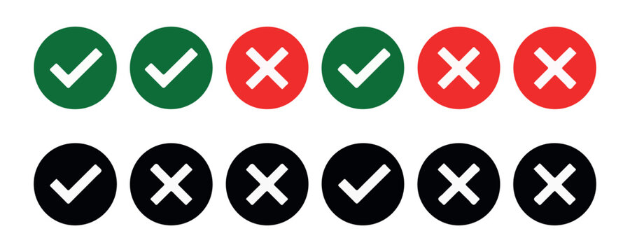 Yes and no circle buttons set with check marks and cross symbols for choice voting and decision making.