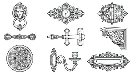Vintage architectural hardware set, 9 antique door fittings and furniture ornaments, baroque lion head knocker and ornate keyhole vector icons © Sidra