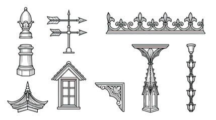 Vintage architectural roof elements vector set, Victorian house exterior details, antique weather vane and gothic finial illustrations © Sidra