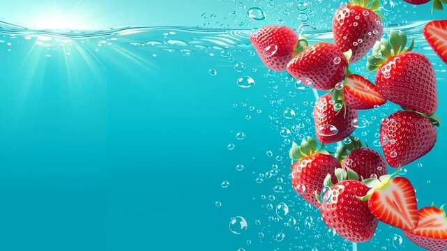 水中に沈む新鮮なイチゴと気泡の背景