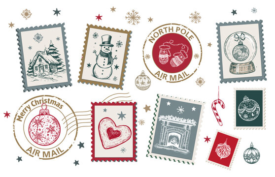 Festive christmas postage stamp collection with hand drawn illustrations of snowmen, snow globes, and holiday ornaments with north pole air mail postmark rubber stamps