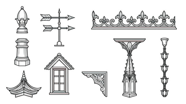 Vintage architectural roof elements vector set, Victorian house exterior details, antique weather vane and gothic finial illustrations