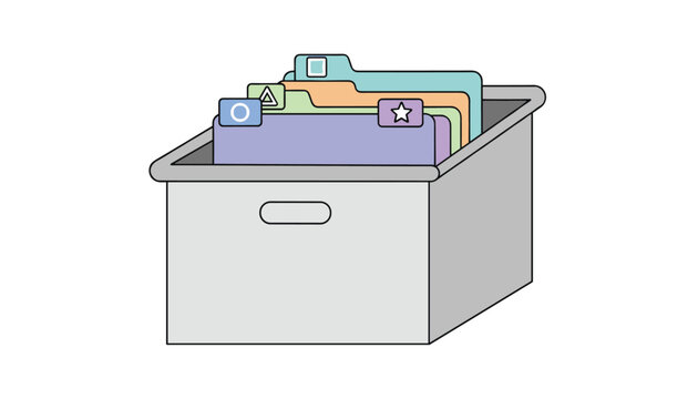 Gray storage box filled with colorful hanging file folders categorized with circle, triangle, square, and star label tabs.