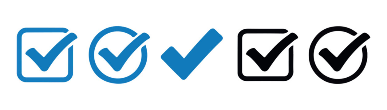 Set of blue and black check mark icons within squares circles and standalone sign simple graphic element.