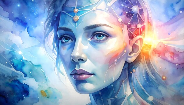 Retrato art&iacute;stico de mujer c&iacute;borg con conexiones digitales y efectos de acuarela en una composici&oacute;n futurista