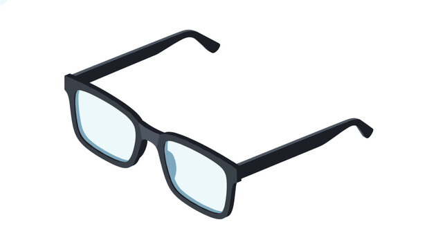Modern black frame reading eyeglasses with clear blue lenses isolated in isometric view on a white background.