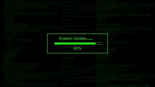 Futuristic System Update Progress Bar Animation at 100 Percent with Digital Code Background