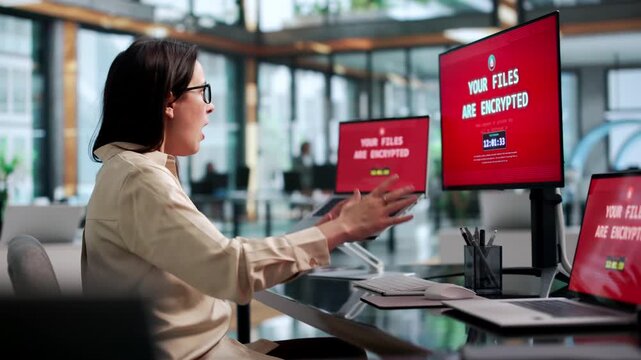 Young Woman Uses Computer Ad Faces With Ransomware Attack