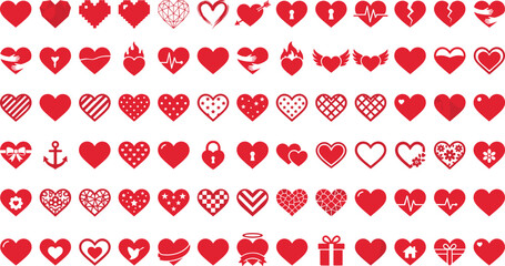 Red Heart Silhouette Shape Set Featuring Valentine Day Love Symbols Broken Hearts Pixel Icons Keys and Geometric Patterns for Romantic Graphic Designs © Rifat