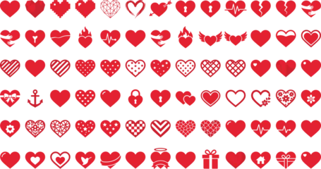 Red Heart Silhouette Shape Set Featuring Valentine Day Love Symbols Broken Hearts Pixel Icons Keys and Geometric Patterns for Romantic Graphic Designs © Rifat