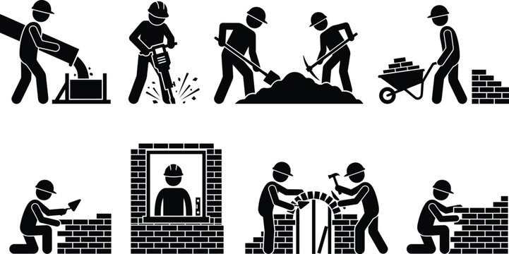 construction worker stick figure pictogram silhouette set builder masonry bricklayer vector icon isolated on white background