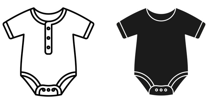 Baby onesie outline and solid fill vector icons on white background for apparel design