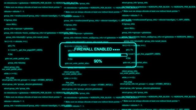 Futuristic Firewall Enabled Progress Bar Animation at 0 to 100 Percent with Digital Code Background