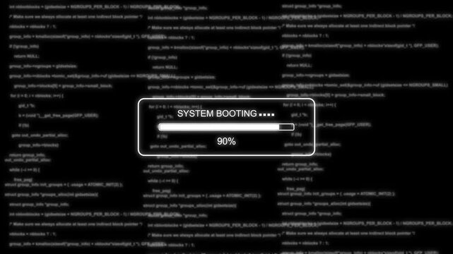 Futuristic System Booting Progress Bar Animation at 0 to 100 Percent with Digital Code Background