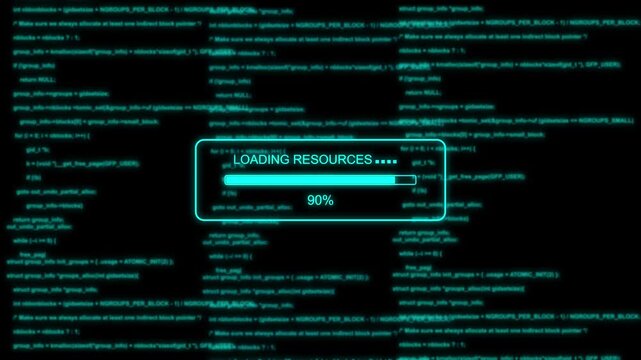 Futuristic Loading Resources Progress Bar Animation at 0 to 100 Percent with Digital Code Background