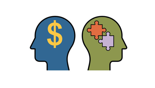 Two human head silhouettes representing different mindsets with one focused on money and the other on problem solving.