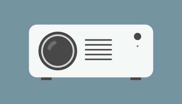Sleek white home cinema projector with a large dark lens and ventilation grilles on a dusty blue background.