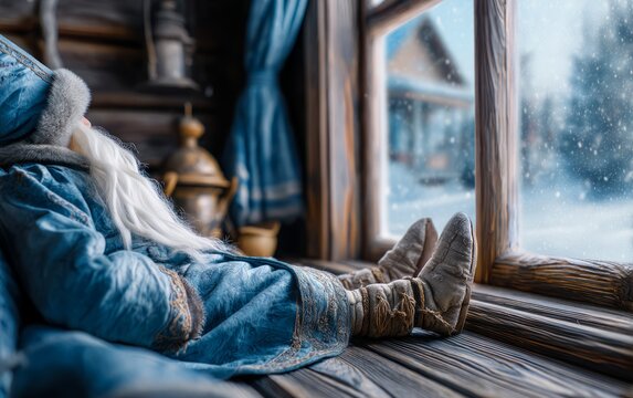 Traditional Ded Moroz Figure Relaxing in Silver and Blue Robes by Window